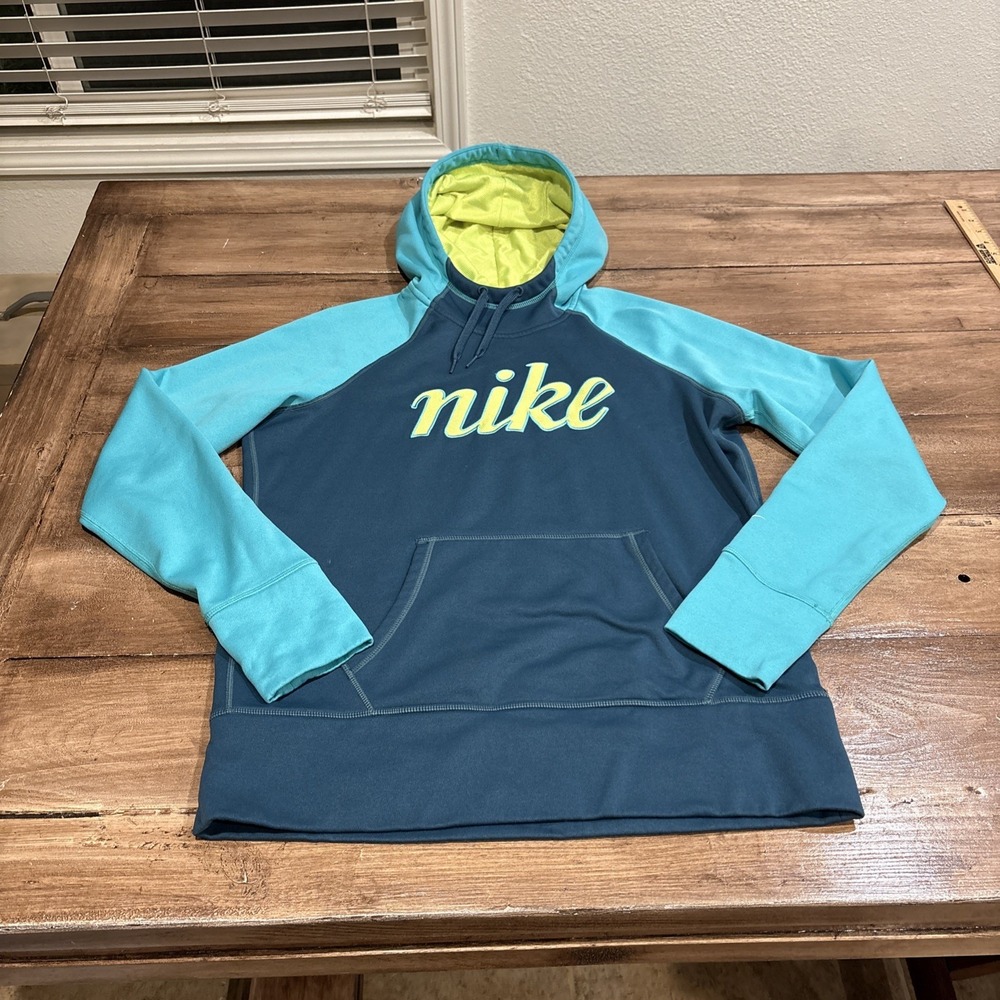 Nike Hooded Sweatshirt Women Large ‎ Blue& Lime Hoodie Therma-Fit Hoodie